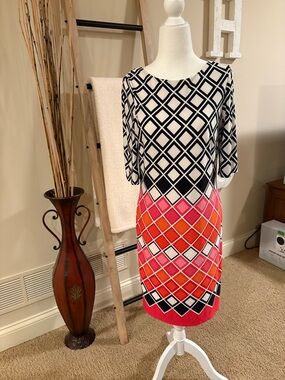 Eliza J Black, White, Pink & Orange Geometric Midi Sheath Dress